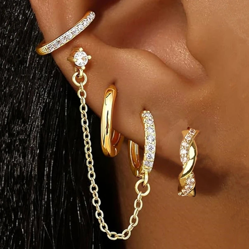 Luxury Chain & Floral Huggie Earring Set – 4 Pieces