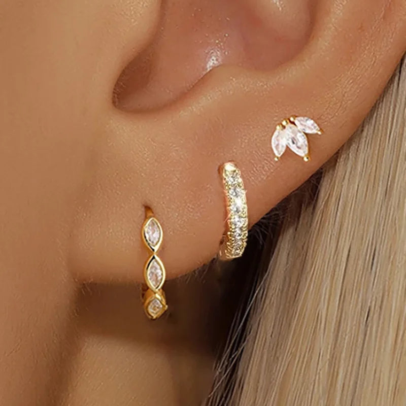 Floral Crystal Stud & Hoop Earring Set – 3 Pieces