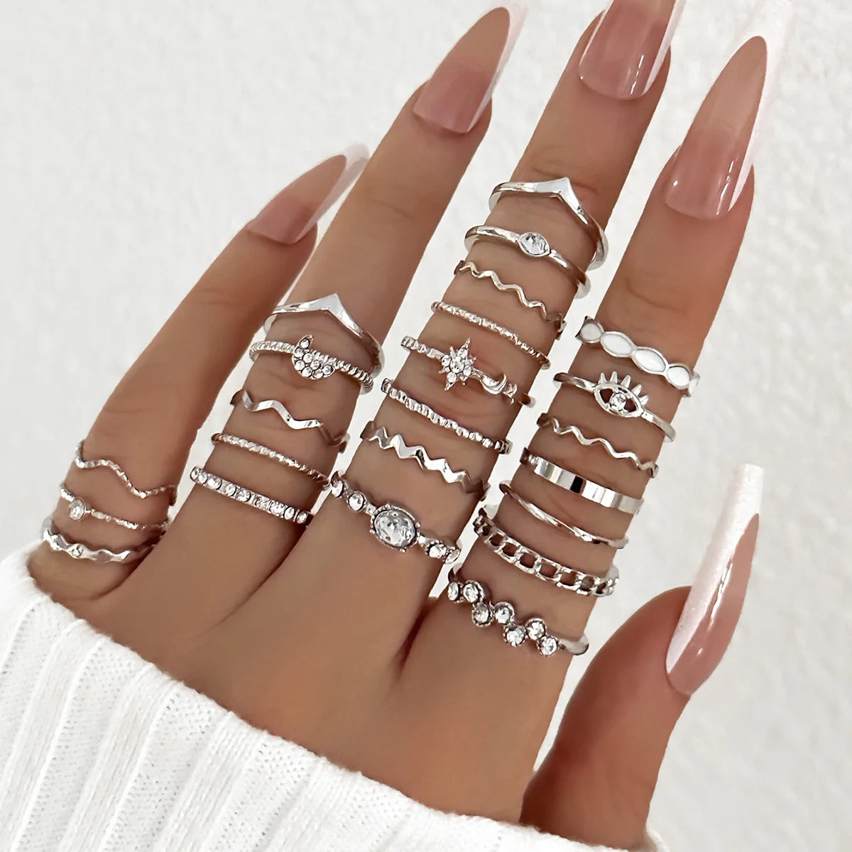 Luxury 23-Piece Gold & Silver Knuckle Ring Set – Crystal Stars, Moon & Waves