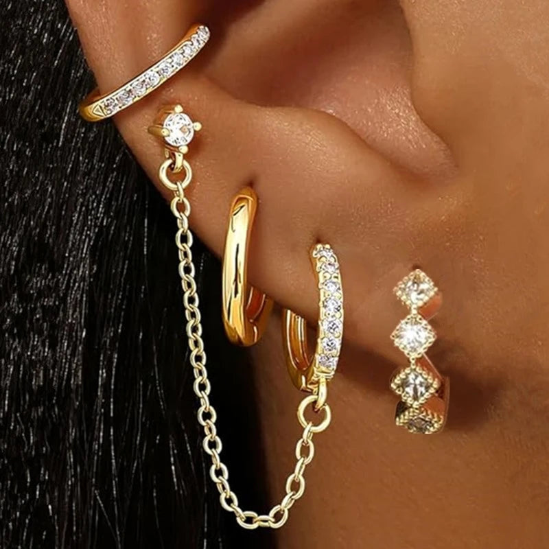 Luxury Chain & Floral Huggie Earring Set – 4 Pieces