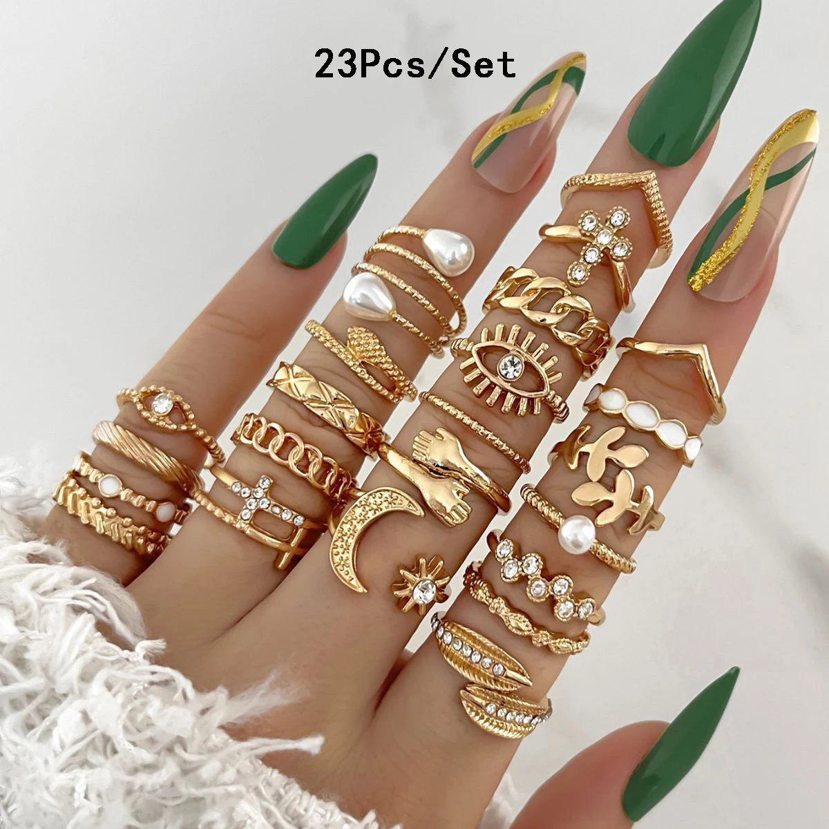 Luxury 23-Piece Gold & Silver Knuckle Ring Set – Crystal Stars, Moon & Waves