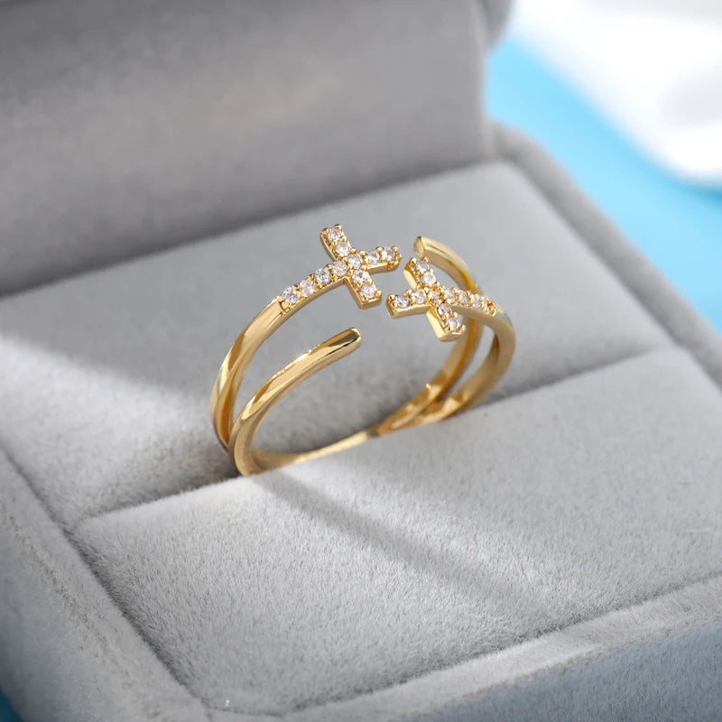 Luxury 18K Gold Plated Cross & Heart Ring – Elegant Women’s Jewelry