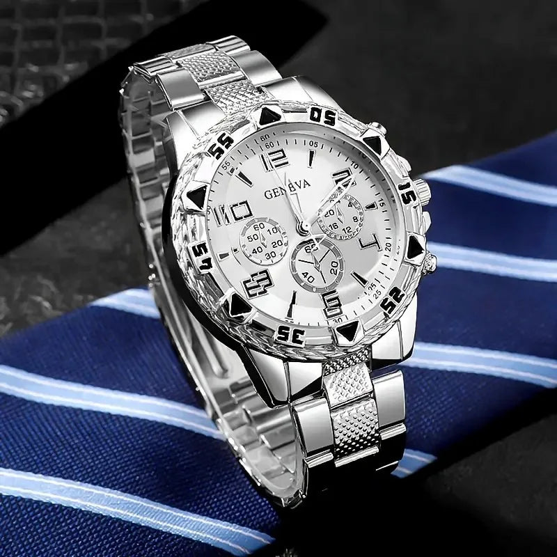 Luxury Men’s Quartz Watch – Large Dial, Stainless Steel Strap