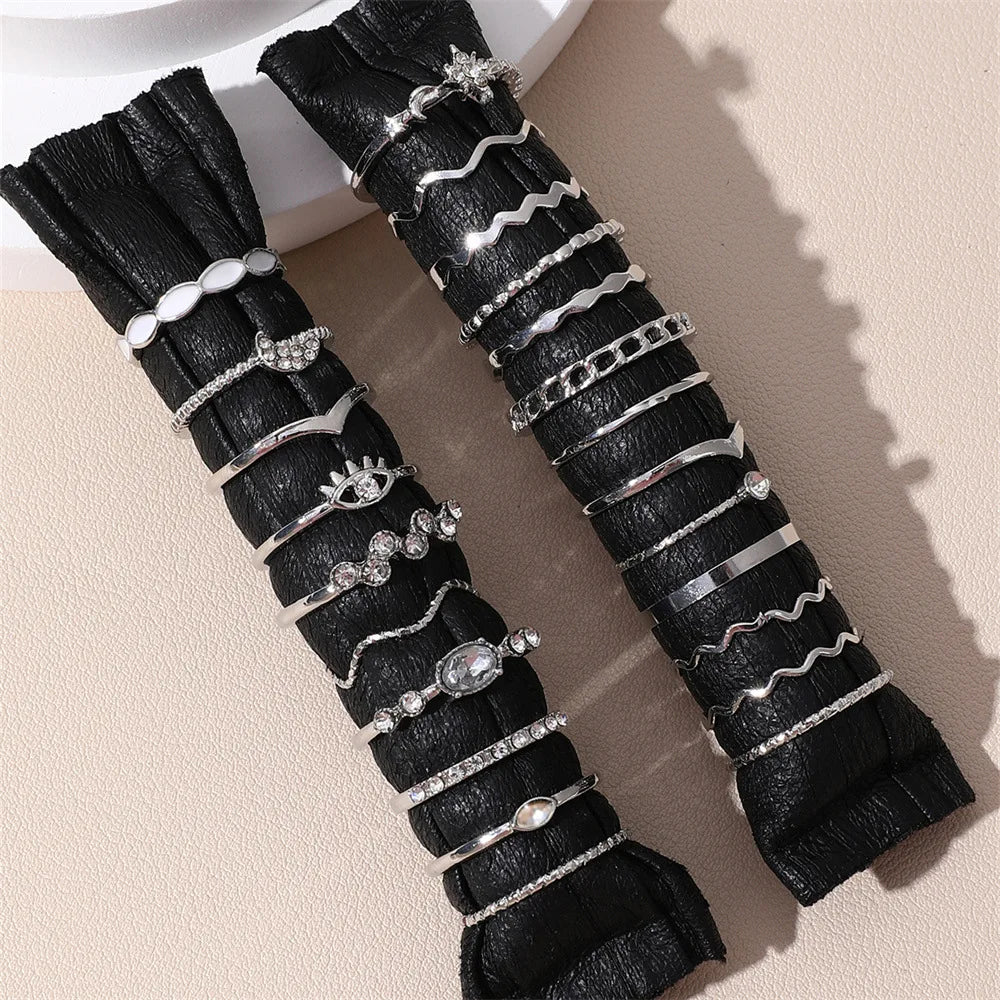 Luxury 23-Piece Gold & Silver Knuckle Ring Set – Crystal Stars, Moon & Waves