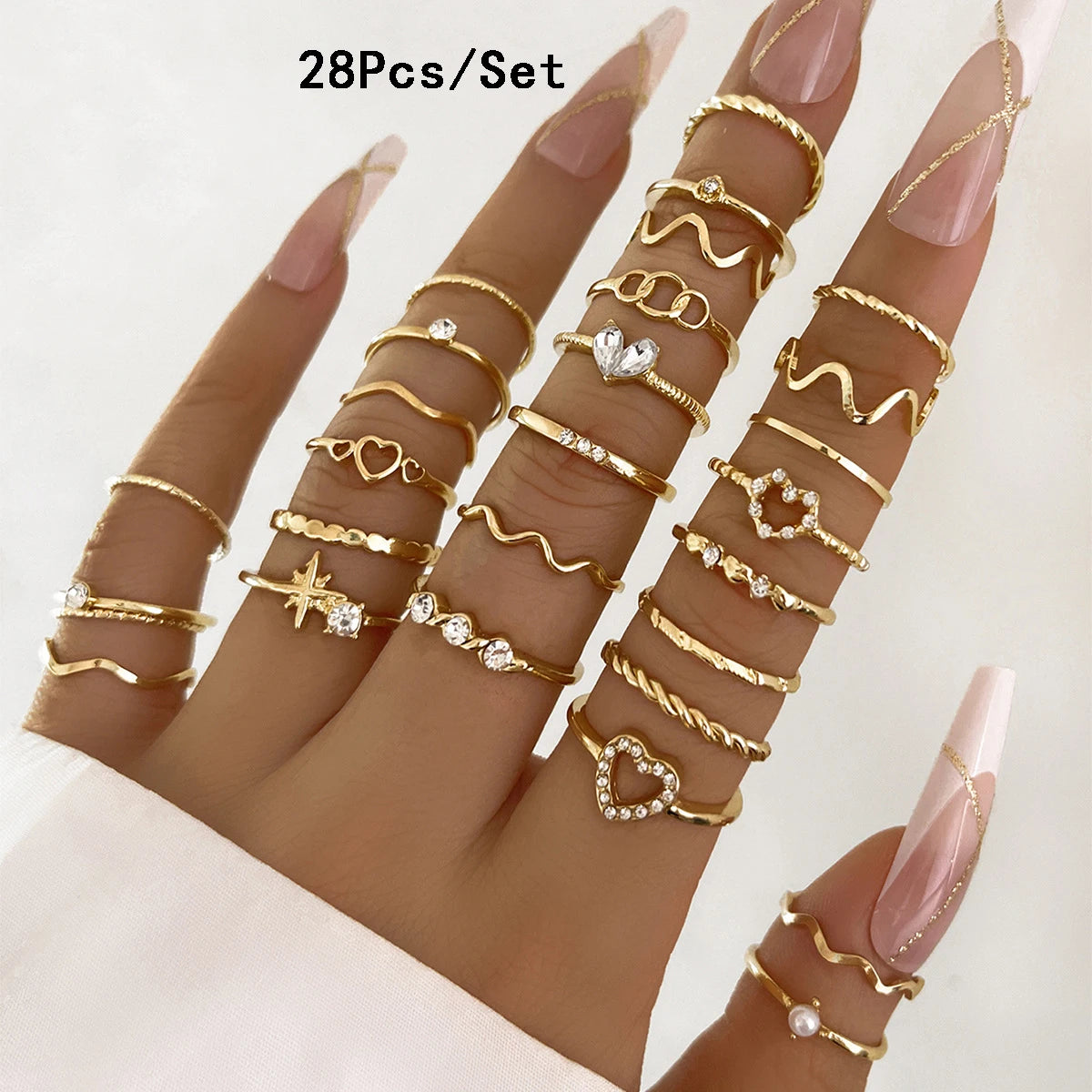 Luxury 23-Piece Gold & Silver Knuckle Ring Set – Crystal Stars, Moon & Waves