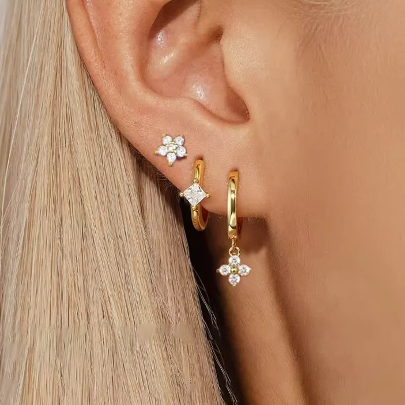Floral Crystal Stud & Hoop Earring Set – 3 Pieces
