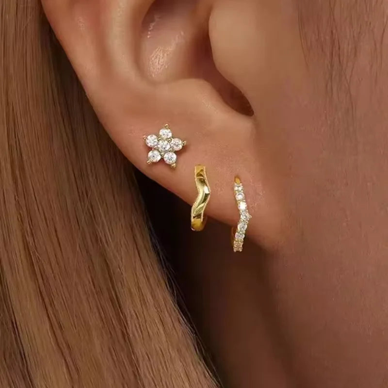 Floral Crystal Stud & Hoop Earring Set – 3 Pieces