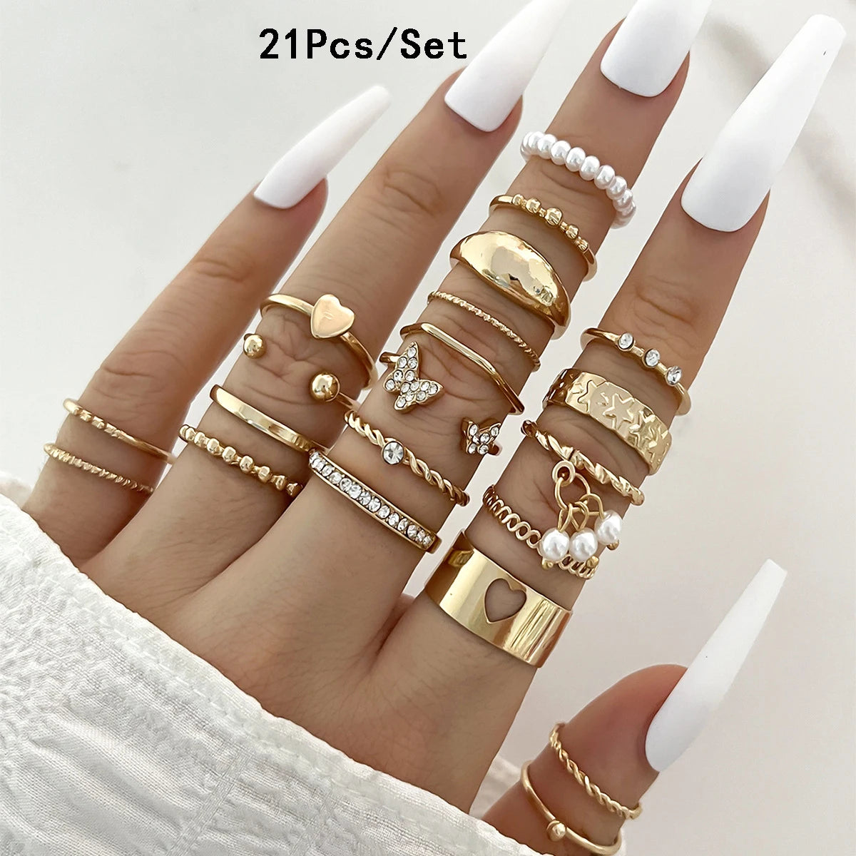 Luxury 23-Piece Gold & Silver Knuckle Ring Set – Crystal Stars, Moon & Waves