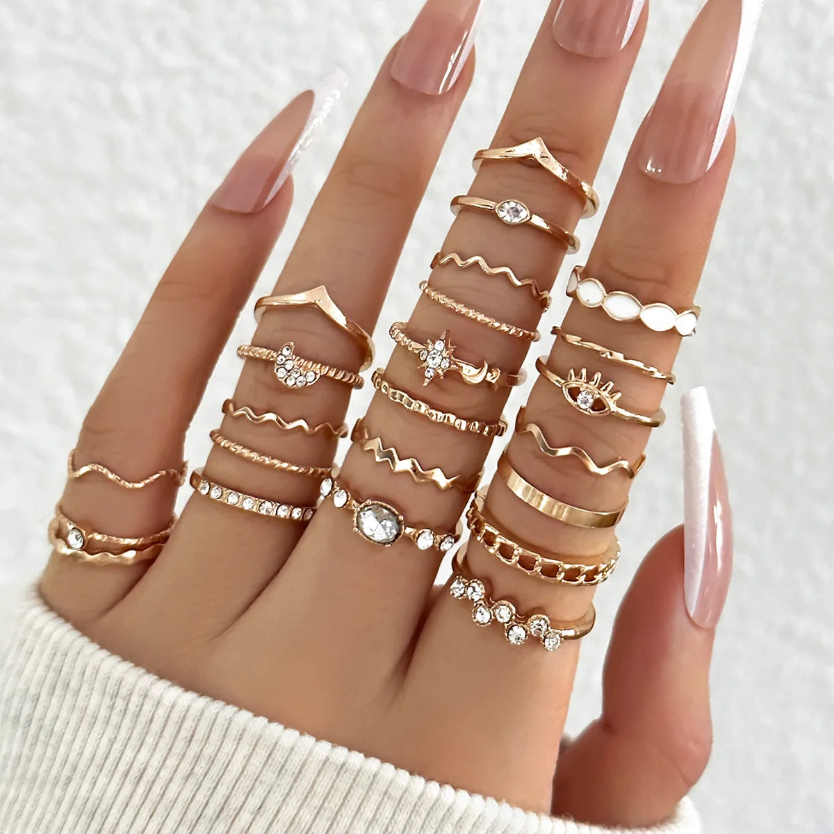 Luxury 23-Piece Gold & Silver Knuckle Ring Set – Crystal Stars, Moon & Waves