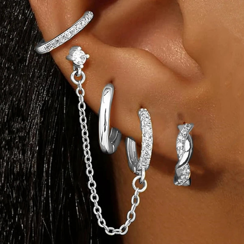 Luxury Chain & Floral Huggie Earring Set – 4 Pieces