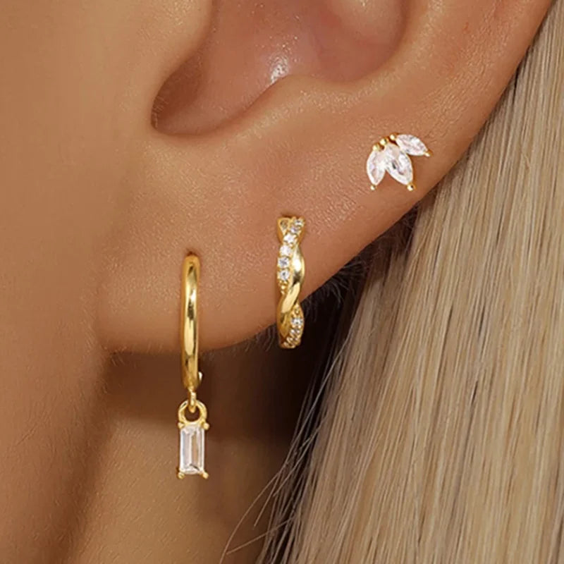 Floral Crystal Stud & Hoop Earring Set – 3 Pieces