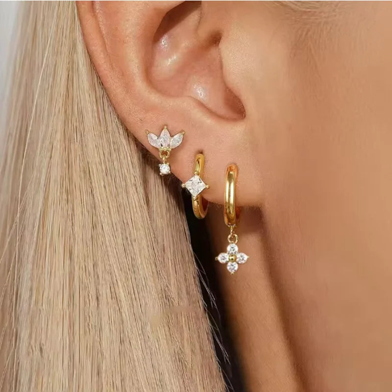 Floral Crystal Stud & Hoop Earring Set – 3 Pieces