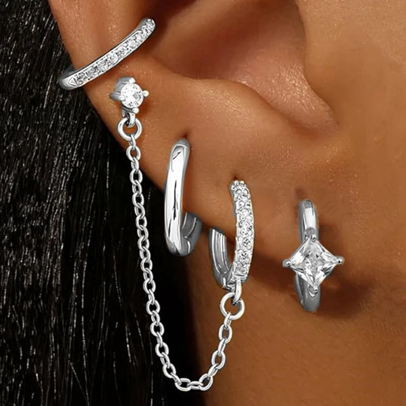 Luxury Chain & Floral Huggie Earring Set – 4 Pieces