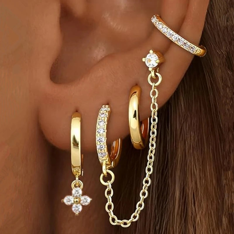 Luxury Chain & Floral Huggie Earring Set – 4 Pieces