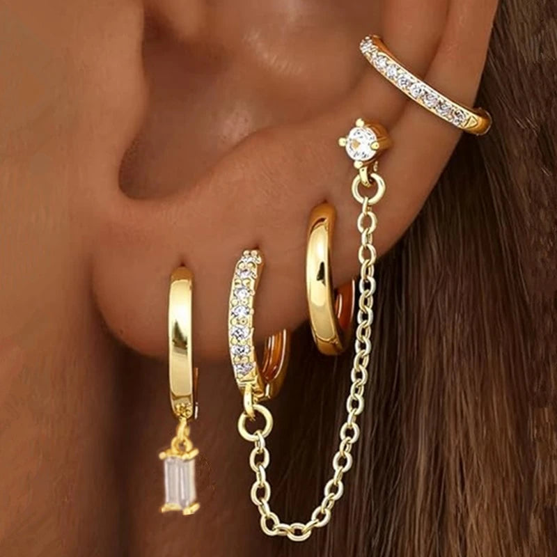 Luxury Chain & Floral Huggie Earring Set – 4 Pieces