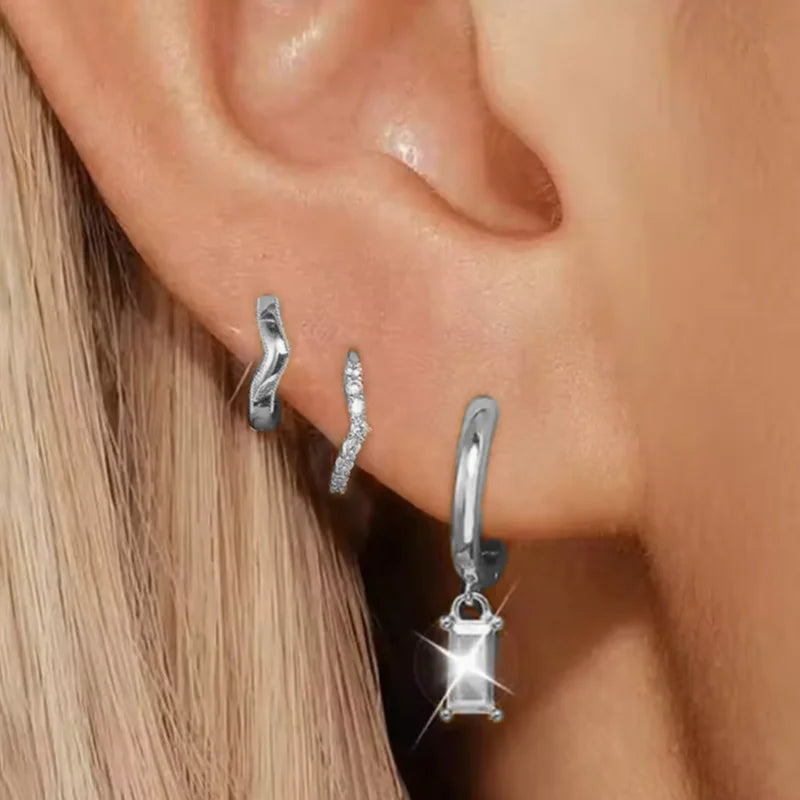 Floral Crystal Stud & Hoop Earring Set – 3 Pieces