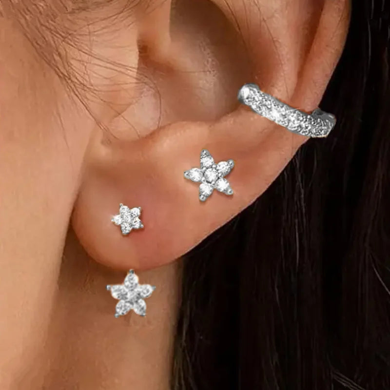 Floral Crystal Stud & Hoop Earring Set – 3 Pieces