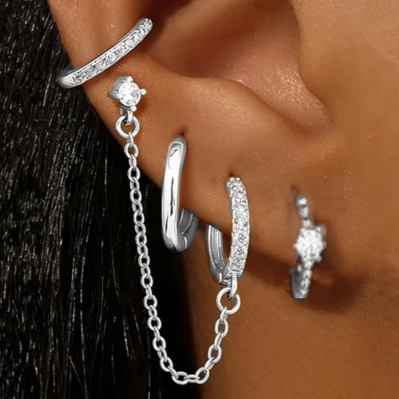 Luxury Chain & Floral Huggie Earring Set – 4 Pieces