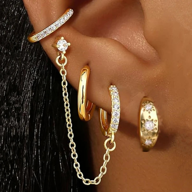 Luxury Chain & Floral Huggie Earring Set – 4 Pieces