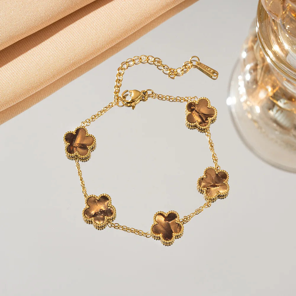 Luxury 18k Gold Plated Five-Leaf Flower Bracelet – Adjustable Elegance