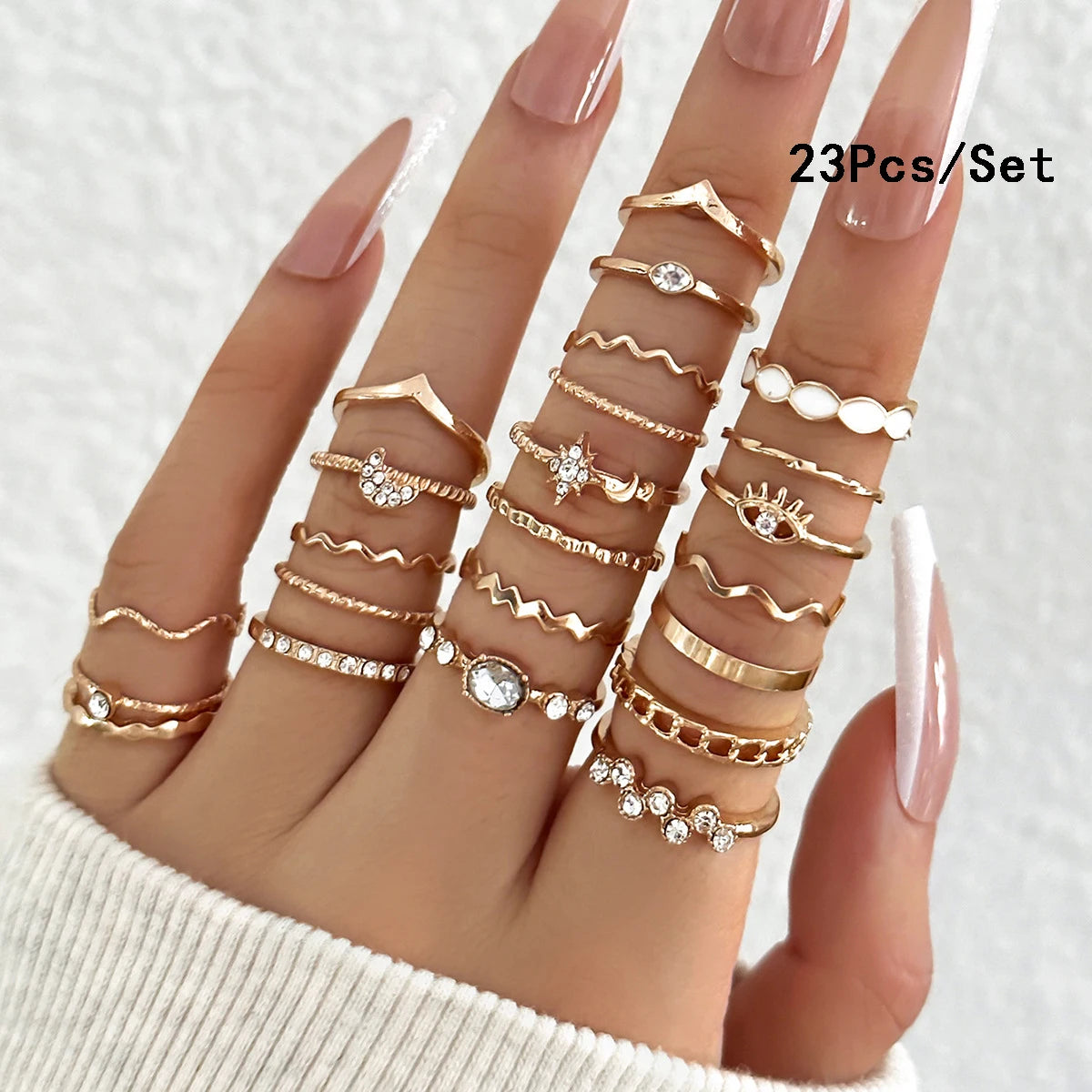 Luxury 23-Piece Gold & Silver Knuckle Ring Set – Crystal Stars, Moon & Waves