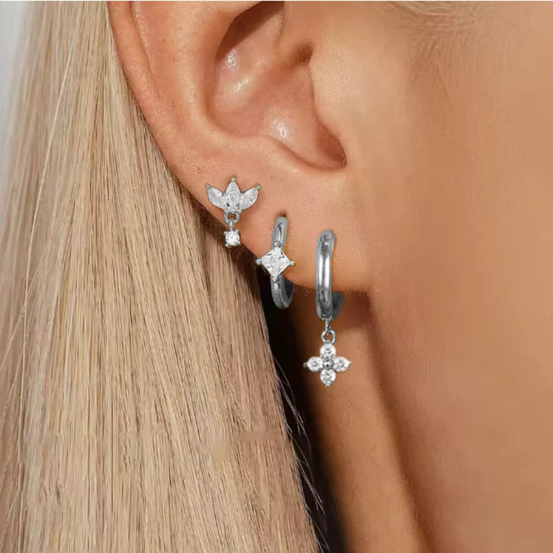 Floral Crystal Stud & Hoop Earring Set – 3 Pieces