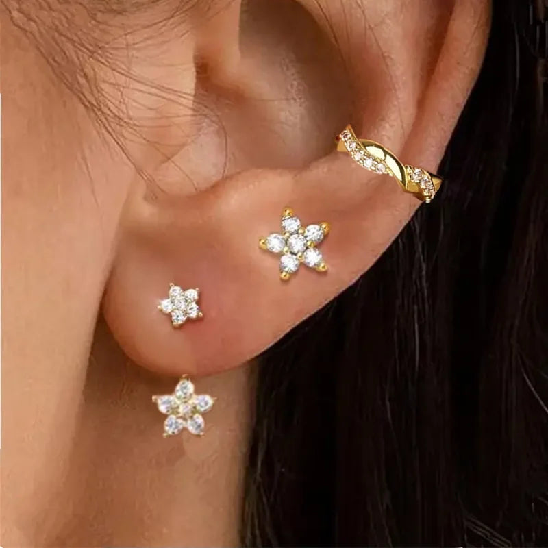 Floral Crystal Stud & Hoop Earring Set – 3 Pieces