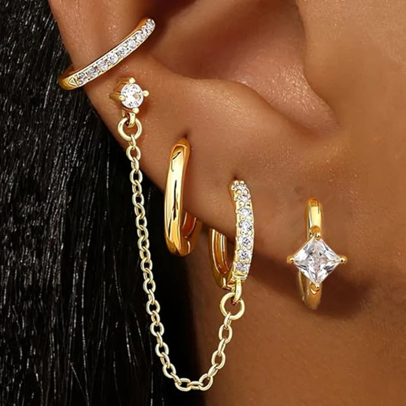 Luxury Chain & Floral Huggie Earring Set – 4 Pieces