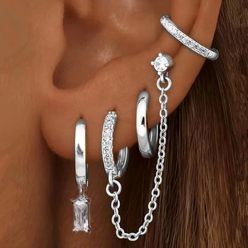 Luxury Chain & Floral Huggie Earring Set – 4 Pieces