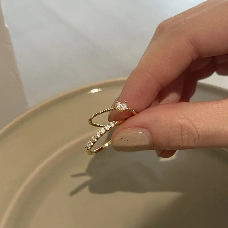 Luxury Gold-Plated Heart Zircon Ring Set – Adjustable Minimalist Design