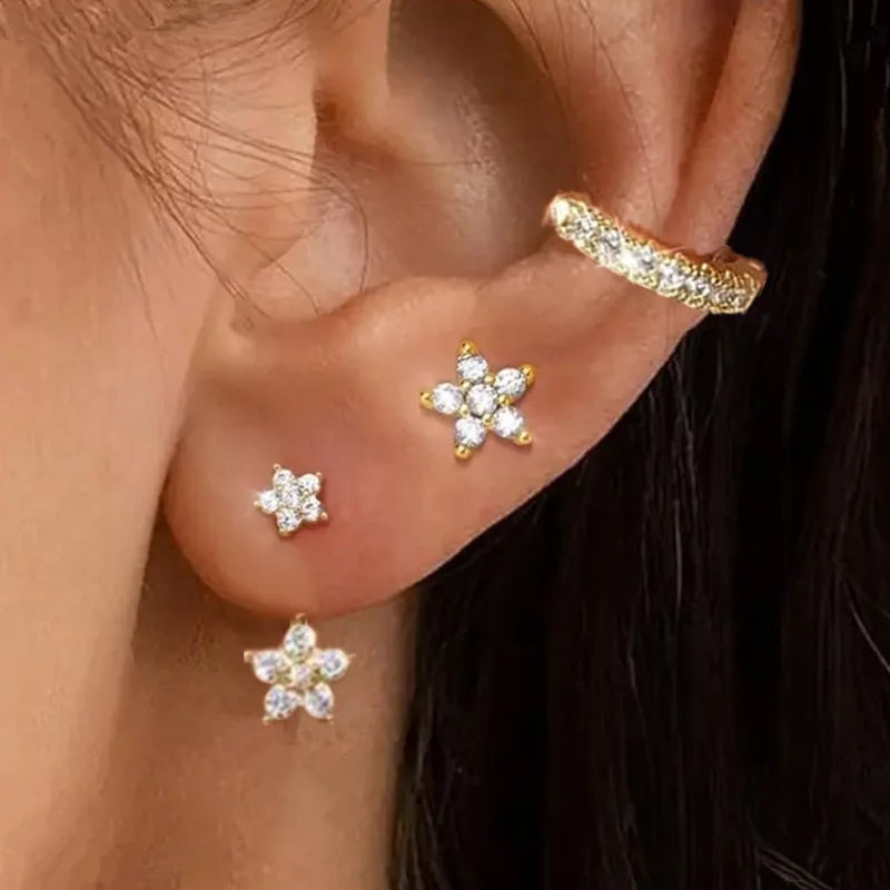 Floral Crystal Stud & Hoop Earring Set – 3 Pieces