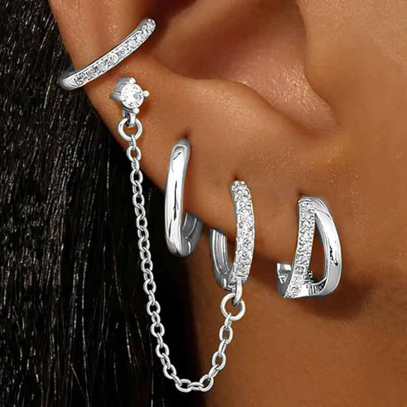 Luxury Chain & Floral Huggie Earring Set – 4 Pieces