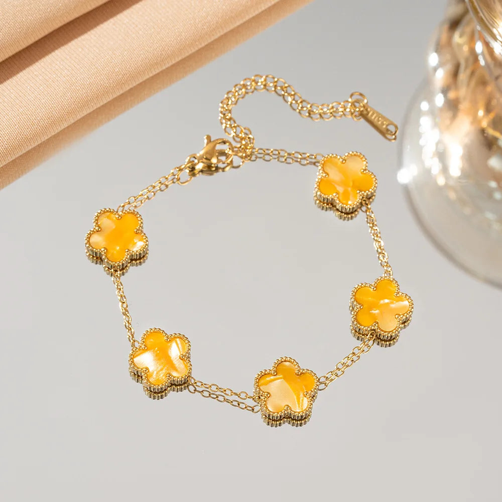 Luxury 18k Gold Plated Five-Leaf Flower Bracelet – Adjustable Elegance