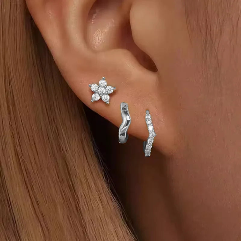 Floral Crystal Stud & Hoop Earring Set – 3 Pieces
