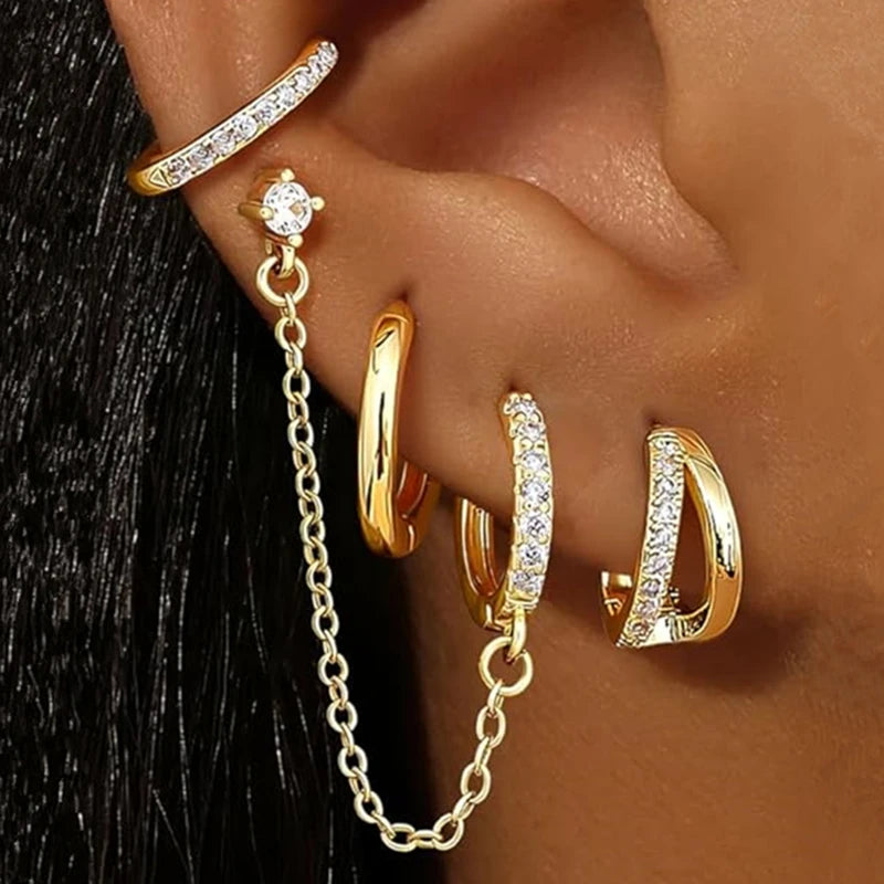 Luxury Chain & Floral Huggie Earring Set – 4 Pieces
