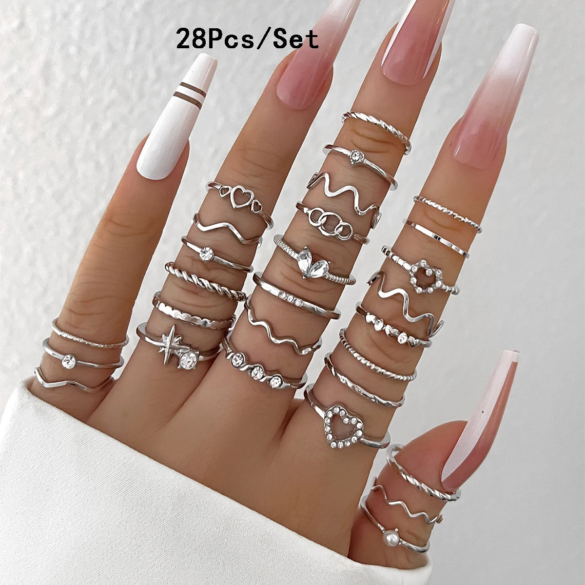 Luxury 23-Piece Gold & Silver Knuckle Ring Set – Crystal Stars, Moon & Waves