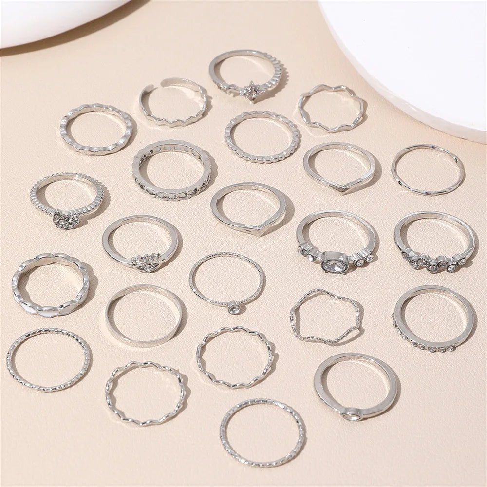 Luxury 23-Piece Gold & Silver Knuckle Ring Set – Crystal Stars, Moon & Waves