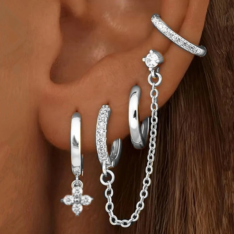 Luxury Chain & Floral Huggie Earring Set – 4 Pieces