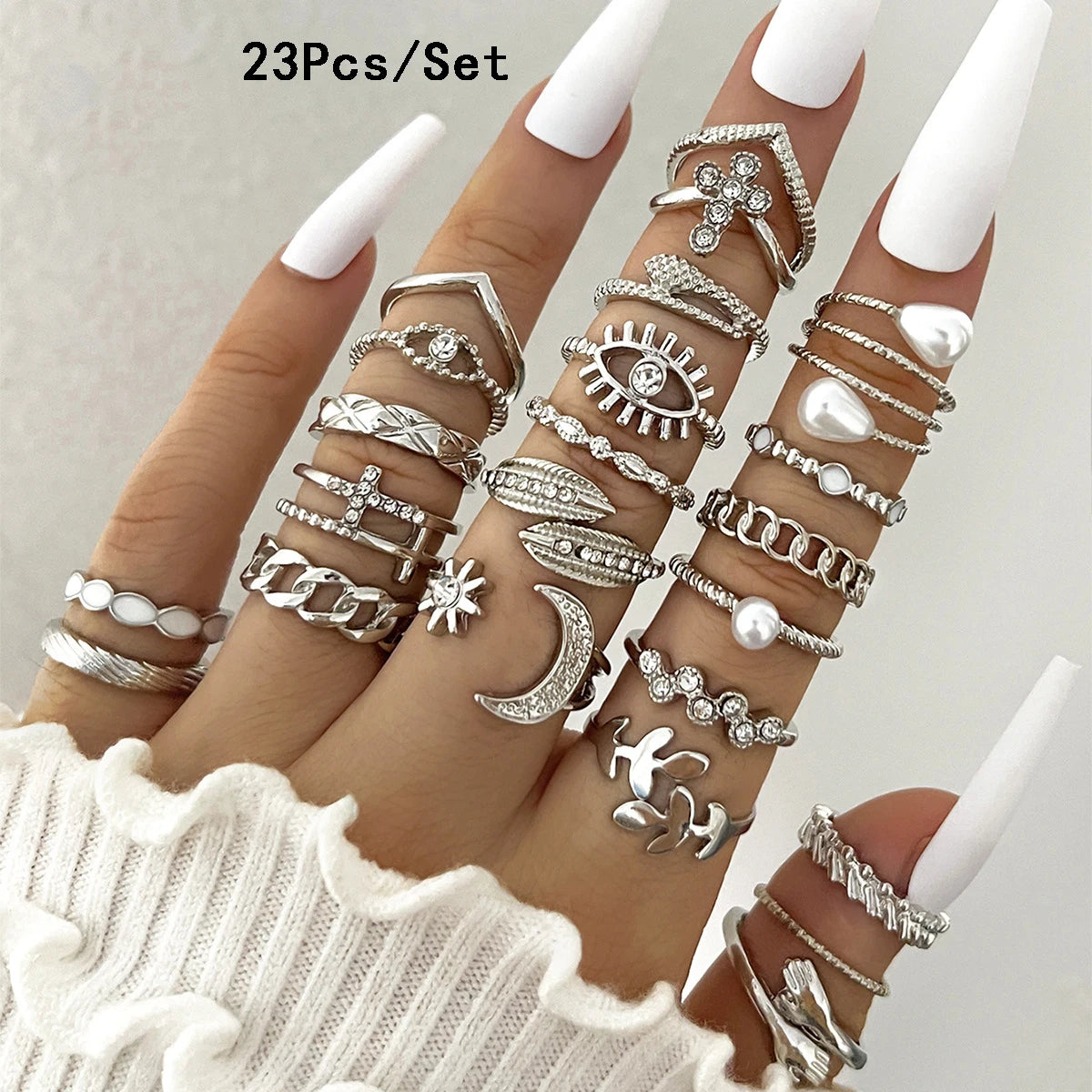 Luxury 23-Piece Gold & Silver Knuckle Ring Set – Crystal Stars, Moon & Waves