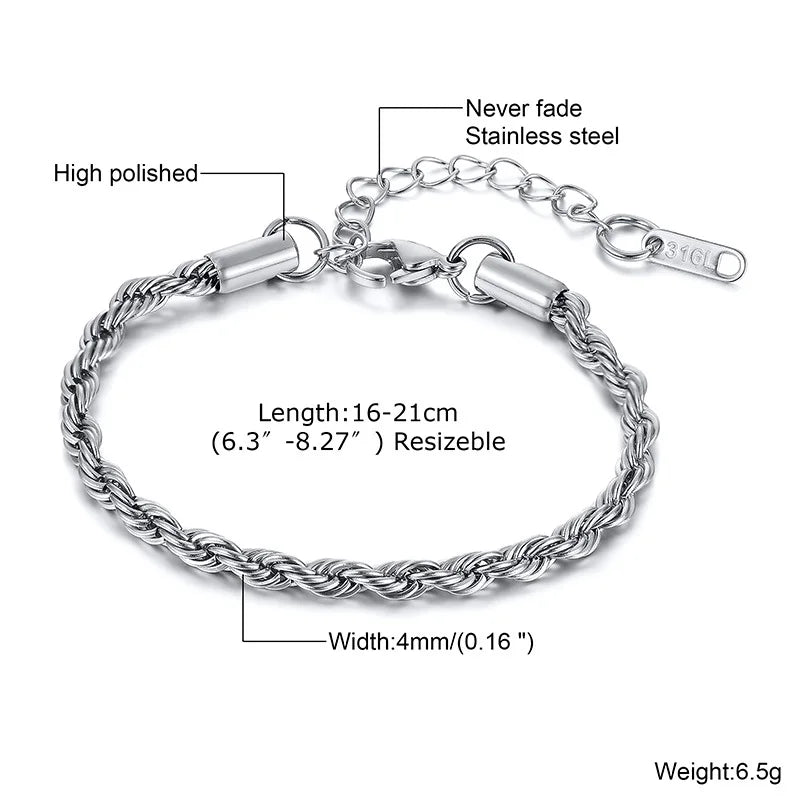Luxury Vnox Twisted Rope Chain Bracelet – Unisex Stainless Steel Jewelry