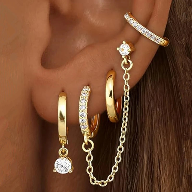 Luxury Chain & Floral Huggie Earring Set – 4 Pieces