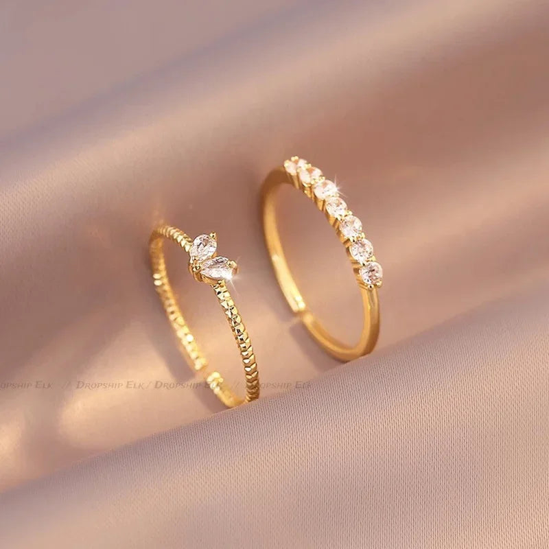 Luxury Gold-Plated Heart Zircon Ring Set – Adjustable Minimalist Design