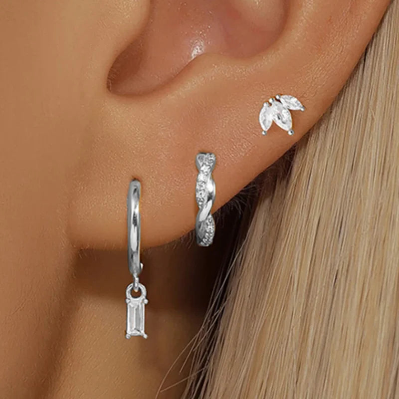 Floral Crystal Stud & Hoop Earring Set – 3 Pieces