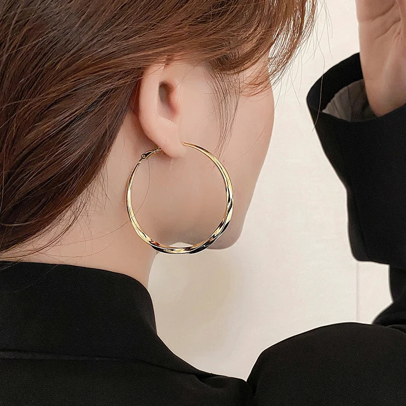 Luxury Gold Mobius Hoop Earrings – 50mm Minimalist Design for Women