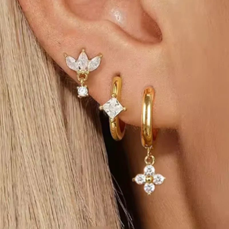 Floral Crystal Stud & Hoop Earring Set – 3 Pieces