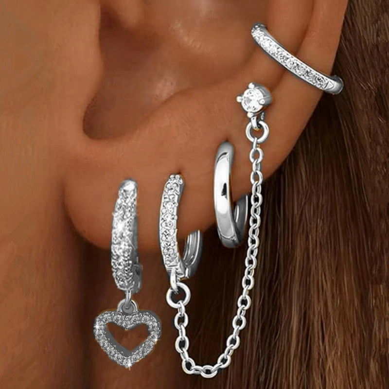 Luxury Chain & Floral Huggie Earring Set – 4 Pieces
